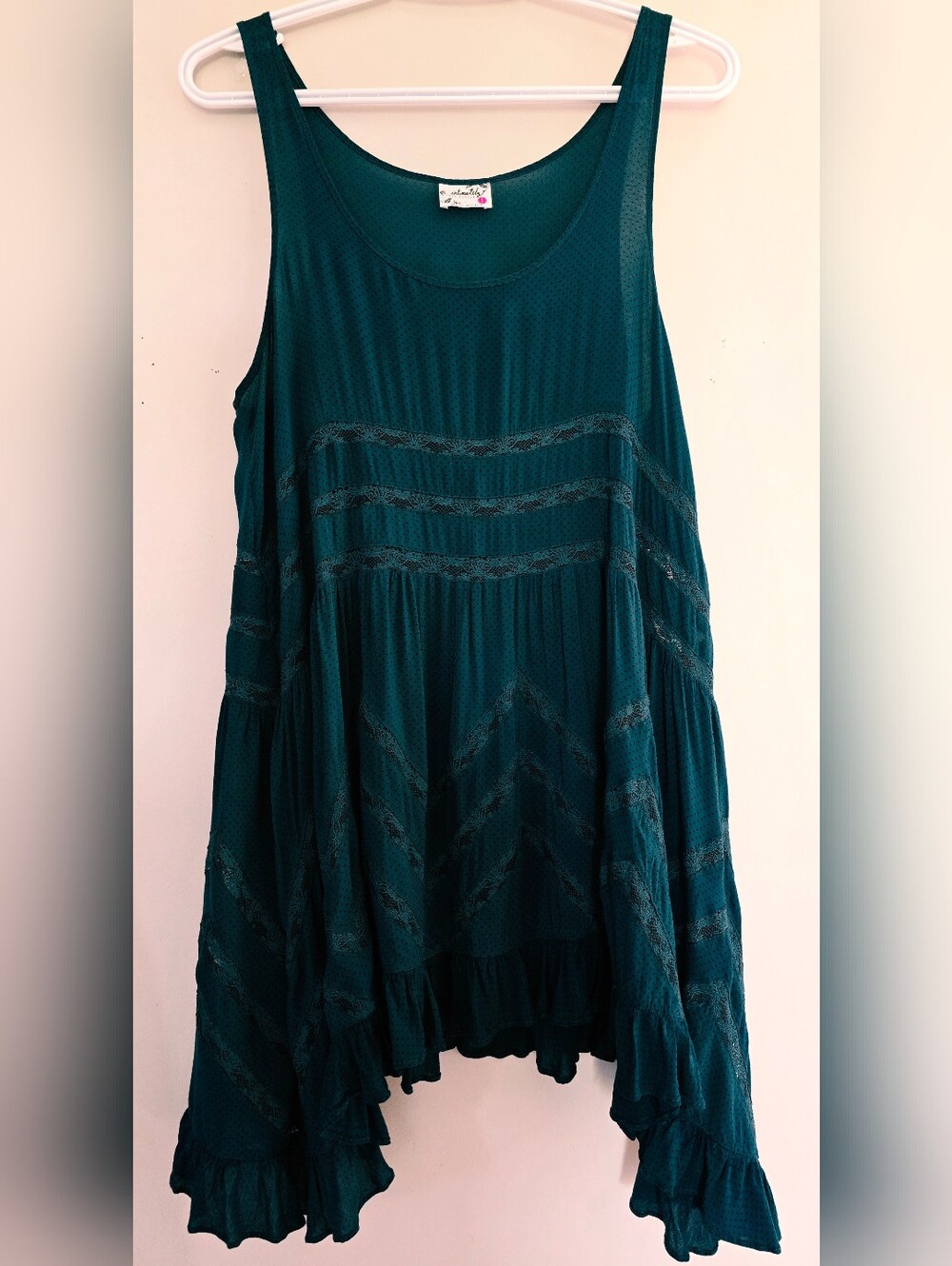 Free People Teal Green With Tiny Black Polka Dots. Lace-Trim Swing Tunic! Beauty